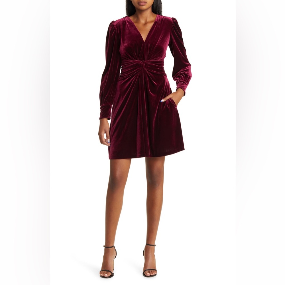 Twist Front Long Sleeve Velvet Fit & Flare Dress NEW